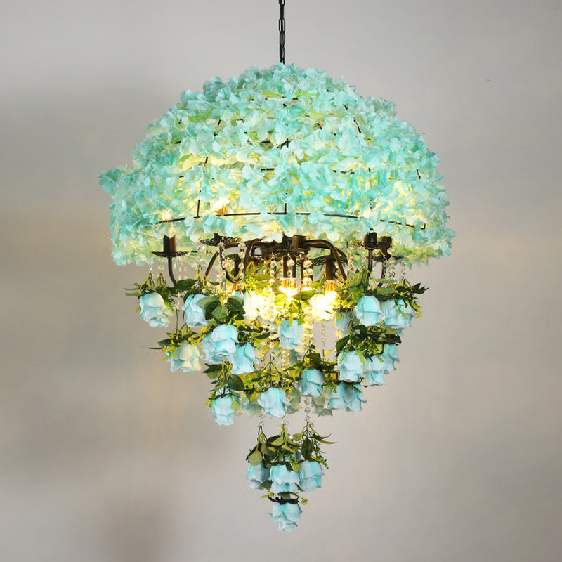 10 Bulbs Iron Ceiling Chandelier Industrial Blue Bowl Wire Cage Flower Suspension Light with Crystal Decor Clearhalo 'Cast Iron' 'Ceiling Lights' 'Chandeliers' 'Industrial Chandeliers' 'Industrial' 'Metal' 'Middle Century Chandeliers' 'Rustic Chandeliers' 'Tiffany' Lighting' 738675
