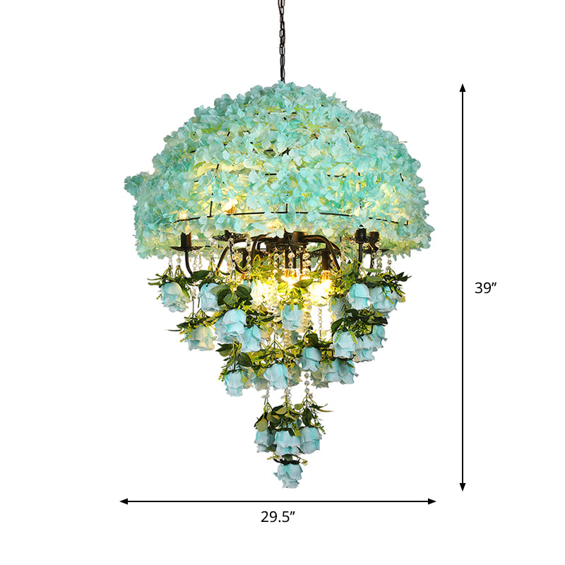 10 Bulbs Iron Ceiling Chandelier Industrial Blue Bowl Wire Cage Flower Suspension Light with Crystal Decor Clearhalo 'Cast Iron' 'Ceiling Lights' 'Chandeliers' 'Industrial Chandeliers' 'Industrial' 'Metal' 'Middle Century Chandeliers' 'Rustic Chandeliers' 'Tiffany' Lighting' 738676