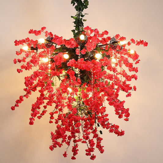 Red 19 Lights Chandelier Lamp Factory Iron Starburst Flower Pendant Light Fixture with Crystal Bead Strand Clearhalo 'Cast Iron' 'Ceiling Lights' 'Chandeliers' 'Industrial Chandeliers' 'Industrial' 'Metal' 'Middle Century Chandeliers' 'Rustic Chandeliers' 'Tiffany' Lighting' 738683