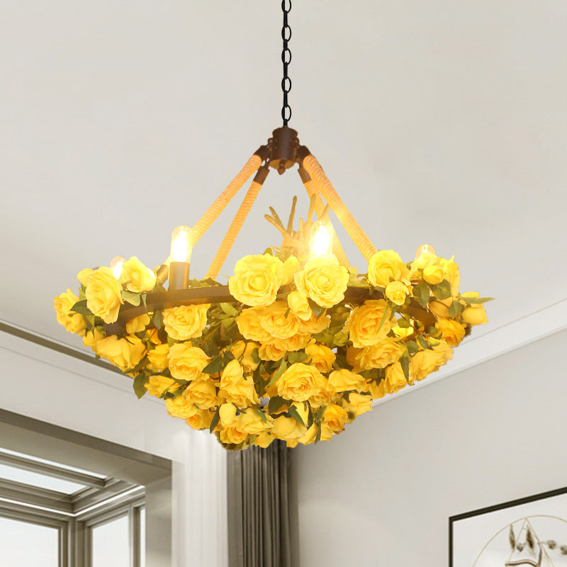 Antique Round Pendant Chandelier 6 Lights Iron Flower Hanging Ceiling Light with Hemp Rope in Yellow/Pink/Light Pink Yellow Clearhalo 'Cast Iron' 'Ceiling Lights' 'Chandeliers' 'Industrial Chandeliers' 'Industrial' 'Metal' 'Middle Century Chandeliers' 'Rustic Chandeliers' 'Tiffany' Lighting' 738693