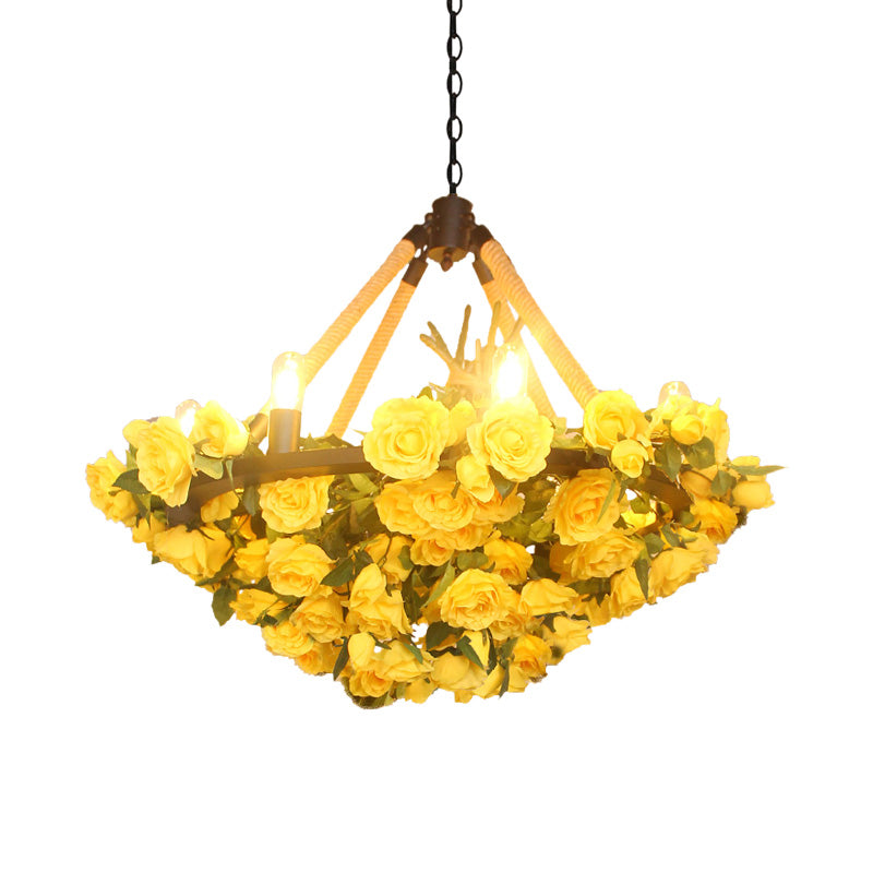 Antique Round Pendant Chandelier 6 Lights Iron Flower Hanging Ceiling Light with Hemp Rope in Yellow/Pink/Light Pink Clearhalo 'Cast Iron' 'Ceiling Lights' 'Chandeliers' 'Industrial Chandeliers' 'Industrial' 'Metal' 'Middle Century Chandeliers' 'Rustic Chandeliers' 'Tiffany' Lighting' 738694