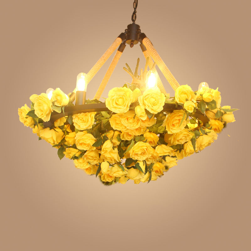 Antique Round Pendant Chandelier 6 Lights Iron Flower Hanging Ceiling Light with Hemp Rope in Yellow/Pink/Light Pink Clearhalo 'Cast Iron' 'Ceiling Lights' 'Chandeliers' 'Industrial Chandeliers' 'Industrial' 'Metal' 'Middle Century Chandeliers' 'Rustic Chandeliers' 'Tiffany' Lighting' 738695