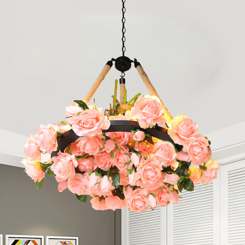 Antique Round Pendant Chandelier 6 Lights Iron Flower Hanging Ceiling Light with Hemp Rope in Yellow/Pink/Light Pink Clearhalo 'Cast Iron' 'Ceiling Lights' 'Chandeliers' 'Industrial Chandeliers' 'Industrial' 'Metal' 'Middle Century Chandeliers' 'Rustic Chandeliers' 'Tiffany' Lighting' 738698