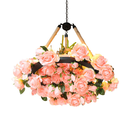Antique Round Pendant Chandelier 6 Lights Iron Flower Hanging Ceiling Light with Hemp Rope in Yellow/Pink/Light Pink Clearhalo 'Cast Iron' 'Ceiling Lights' 'Chandeliers' 'Industrial Chandeliers' 'Industrial' 'Metal' 'Middle Century Chandeliers' 'Rustic Chandeliers' 'Tiffany' Lighting' 738699