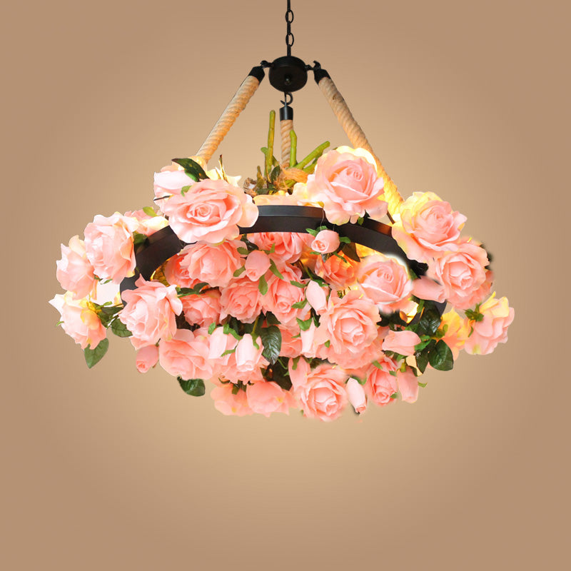 Antique Round Pendant Chandelier 6 Lights Iron Flower Hanging Ceiling Light with Hemp Rope in Yellow/Pink/Light Pink Clearhalo 'Cast Iron' 'Ceiling Lights' 'Chandeliers' 'Industrial Chandeliers' 'Industrial' 'Metal' 'Middle Century Chandeliers' 'Rustic Chandeliers' 'Tiffany' Lighting' 738700