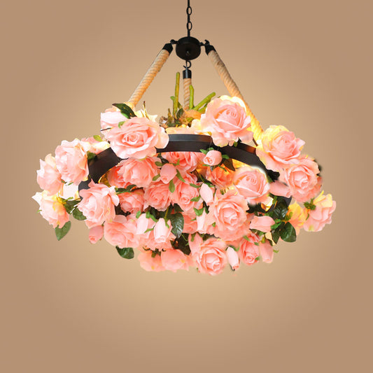 Antique Round Pendant Chandelier 6 Lights Iron Flower Hanging Ceiling Light with Hemp Rope in Yellow/Pink/Light Pink Clearhalo 'Cast Iron' 'Ceiling Lights' 'Chandeliers' 'Industrial Chandeliers' 'Industrial' 'Metal' 'Middle Century Chandeliers' 'Rustic Chandeliers' 'Tiffany' Lighting' 738700