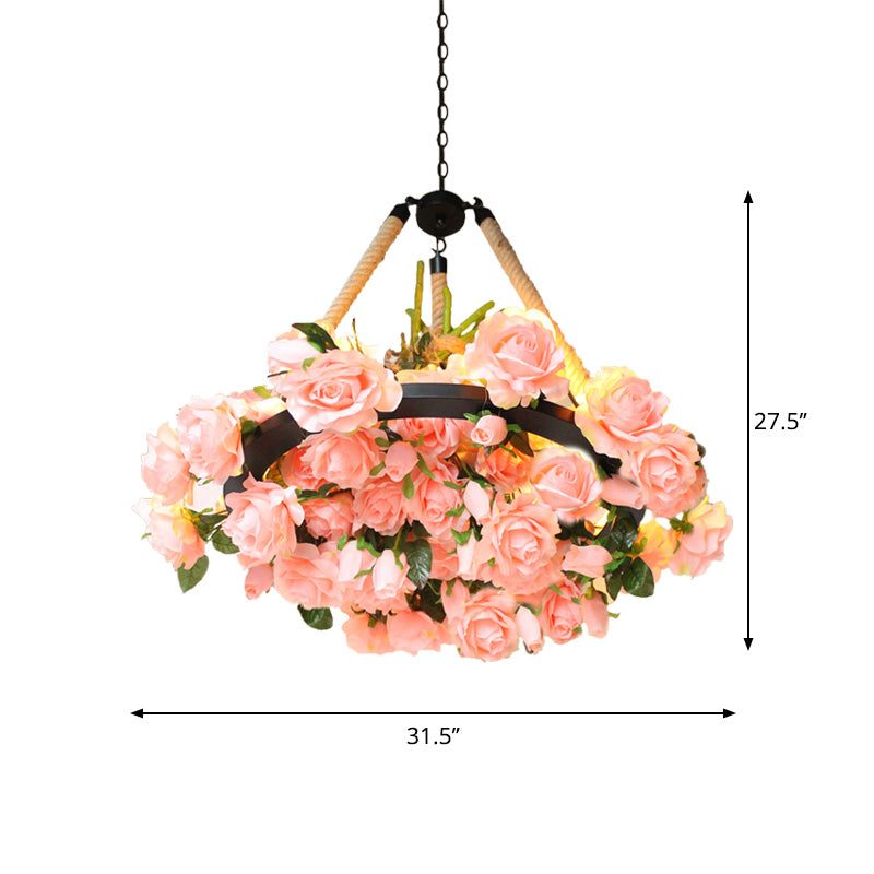 Antique Round Pendant Chandelier 6 Lights Iron Flower Hanging Ceiling Light with Hemp Rope in Yellow/Pink/Light Pink Clearhalo 'Cast Iron' 'Ceiling Lights' 'Chandeliers' 'Industrial Chandeliers' 'Industrial' 'Metal' 'Middle Century Chandeliers' 'Rustic Chandeliers' 'Tiffany' Lighting' 738701
