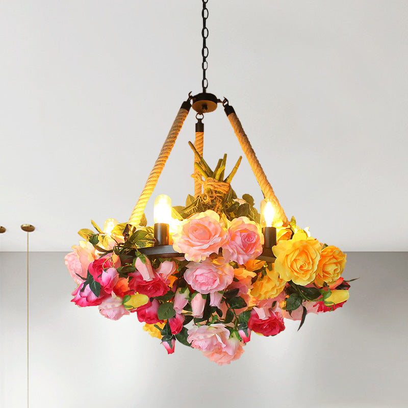Antique Round Pendant Chandelier 6 Lights Iron Flower Hanging Ceiling Light with Hemp Rope in Yellow/Pink/Light Pink Pink-Pink-Yellow Clearhalo 'Cast Iron' 'Ceiling Lights' 'Chandeliers' 'Industrial Chandeliers' 'Industrial' 'Metal' 'Middle Century Chandeliers' 'Rustic Chandeliers' 'Tiffany' Lighting' 738702