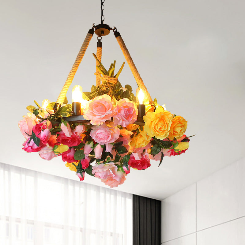 Antique Round Pendant Chandelier 6 Lights Iron Flower Hanging Ceiling Light with Hemp Rope in Yellow/Pink/Light Pink Clearhalo 'Cast Iron' 'Ceiling Lights' 'Chandeliers' 'Industrial Chandeliers' 'Industrial' 'Metal' 'Middle Century Chandeliers' 'Rustic Chandeliers' 'Tiffany' Lighting' 738703
