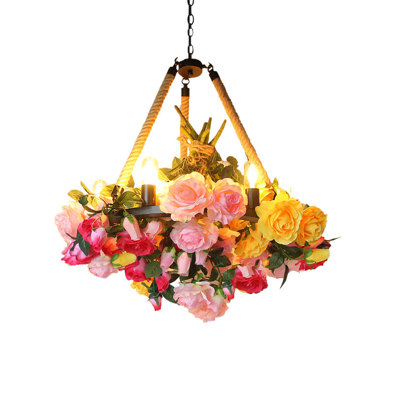 Antique Round Pendant Chandelier 6 Lights Iron Flower Hanging Ceiling Light with Hemp Rope in Yellow/Pink/Light Pink Clearhalo 'Cast Iron' 'Ceiling Lights' 'Chandeliers' 'Industrial Chandeliers' 'Industrial' 'Metal' 'Middle Century Chandeliers' 'Rustic Chandeliers' 'Tiffany' Lighting' 738704