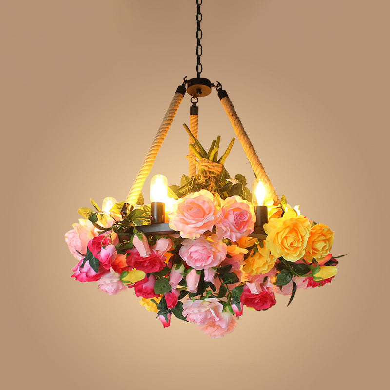 Antique Round Pendant Chandelier 6 Lights Iron Flower Hanging Ceiling Light with Hemp Rope in Yellow/Pink/Light Pink Clearhalo 'Cast Iron' 'Ceiling Lights' 'Chandeliers' 'Industrial Chandeliers' 'Industrial' 'Metal' 'Middle Century Chandeliers' 'Rustic Chandeliers' 'Tiffany' Lighting' 738705