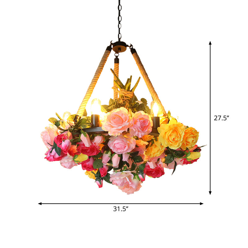 Antique Round Pendant Chandelier 6 Lights Iron Flower Hanging Ceiling Light with Hemp Rope in Yellow/Pink/Light Pink Clearhalo 'Cast Iron' 'Ceiling Lights' 'Chandeliers' 'Industrial Chandeliers' 'Industrial' 'Metal' 'Middle Century Chandeliers' 'Rustic Chandeliers' 'Tiffany' Lighting' 738706