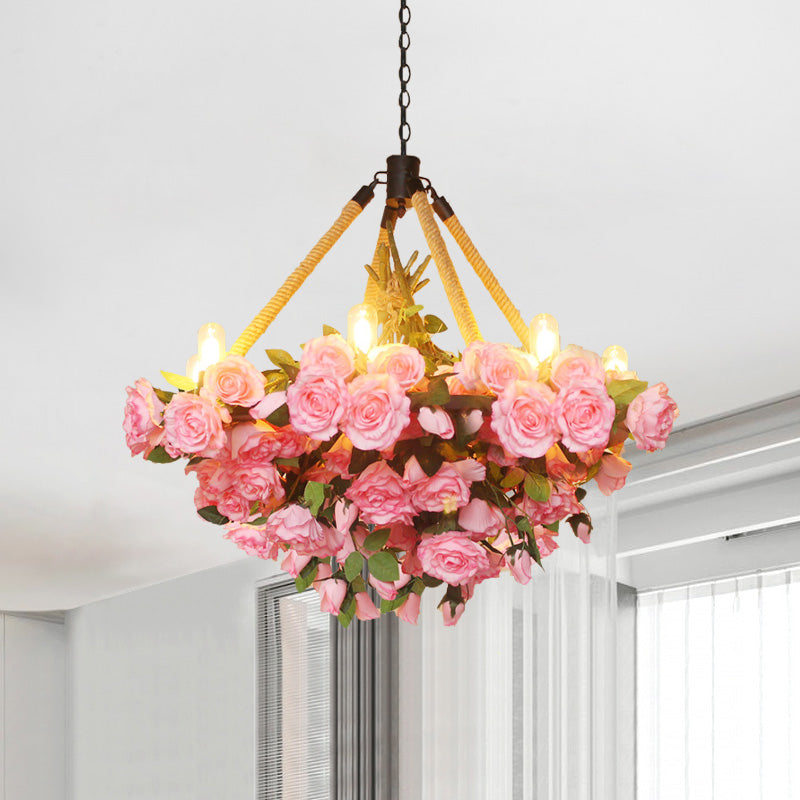 Antique Round Pendant Chandelier 6 Lights Iron Flower Hanging Ceiling Light with Hemp Rope in Yellow/Pink/Light Pink Clearhalo 'Cast Iron' 'Ceiling Lights' 'Chandeliers' 'Industrial Chandeliers' 'Industrial' 'Metal' 'Middle Century Chandeliers' 'Rustic Chandeliers' 'Tiffany' Lighting' 738708