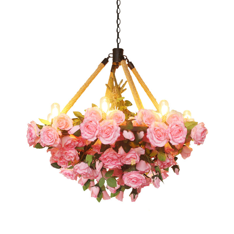 Antique Round Pendant Chandelier 6 Lights Iron Flower Hanging Ceiling Light with Hemp Rope in Yellow/Pink/Light Pink Clearhalo 'Cast Iron' 'Ceiling Lights' 'Chandeliers' 'Industrial Chandeliers' 'Industrial' 'Metal' 'Middle Century Chandeliers' 'Rustic Chandeliers' 'Tiffany' Lighting' 738709