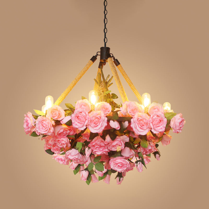 Antique Round Pendant Chandelier 6 Lights Iron Flower Hanging Ceiling Light with Hemp Rope in Yellow/Pink/Light Pink Clearhalo 'Cast Iron' 'Ceiling Lights' 'Chandeliers' 'Industrial Chandeliers' 'Industrial' 'Metal' 'Middle Century Chandeliers' 'Rustic Chandeliers' 'Tiffany' Lighting' 738710