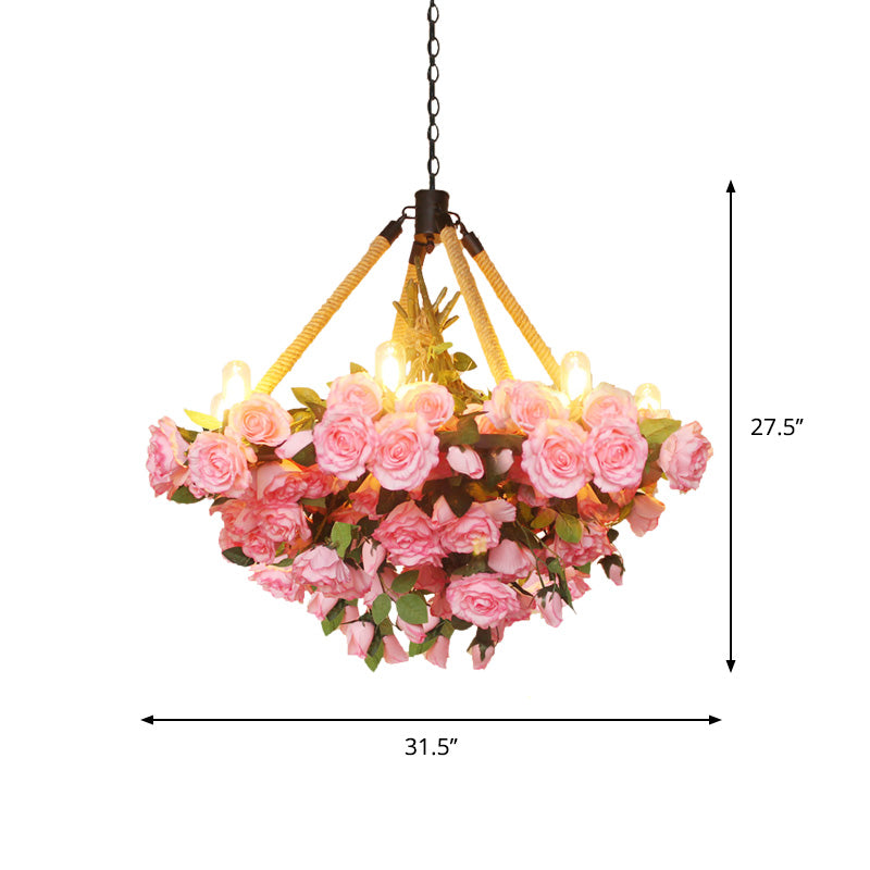Antique Round Pendant Chandelier 6 Lights Iron Flower Hanging Ceiling Light with Hemp Rope in Yellow/Pink/Light Pink Clearhalo 'Cast Iron' 'Ceiling Lights' 'Chandeliers' 'Industrial Chandeliers' 'Industrial' 'Metal' 'Middle Century Chandeliers' 'Rustic Chandeliers' 'Tiffany' Lighting' 738711