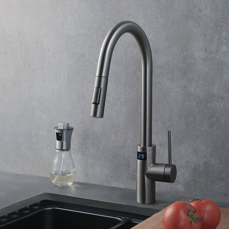 Swivel Spout Kitchen Bar Faucet Touch Sensor with Pull Out Sprayer Gun Grey Digital Display Included Clearhalo 'Home Improvement' 'home_improvement' 'home_improvement_kitchen_faucets' 'Kitchen Faucets' 'Kitchen Remodel & Kitchen Fixtures' 'Kitchen Sinks & Faucet Components' 'kitchen_faucets' 7387186