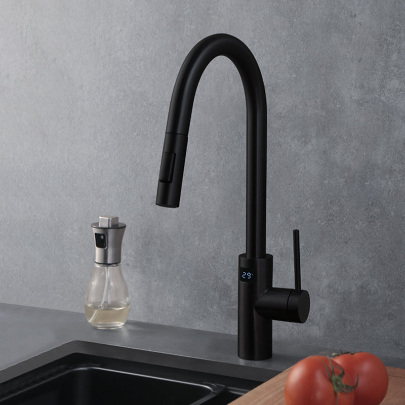 Swivel Spout Kitchen Bar Faucet Touch Sensor with Pull Out Sprayer Black Digital Display Included Clearhalo 'Home Improvement' 'home_improvement' 'home_improvement_kitchen_faucets' 'Kitchen Faucets' 'Kitchen Remodel & Kitchen Fixtures' 'Kitchen Sinks & Faucet Components' 'kitchen_faucets' 7387188