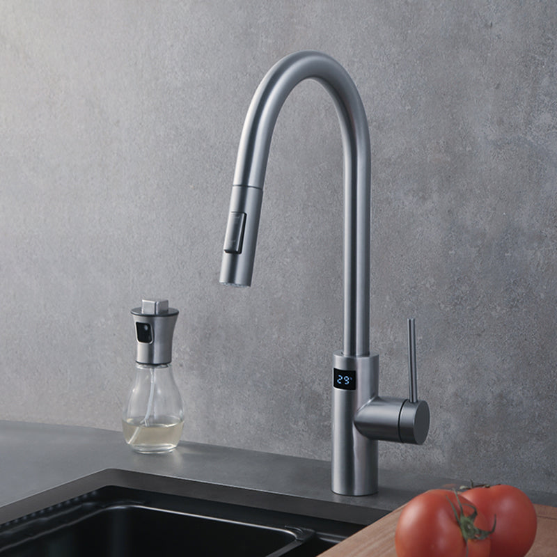 Swivel Spout Kitchen Bar Faucet Touch Sensor with Pull Out Sprayer Silver/Gray Digital Display Included Clearhalo 'Home Improvement' 'home_improvement' 'home_improvement_kitchen_faucets' 'Kitchen Faucets' 'Kitchen Remodel & Kitchen Fixtures' 'Kitchen Sinks & Faucet Components' 'kitchen_faucets' 7387191