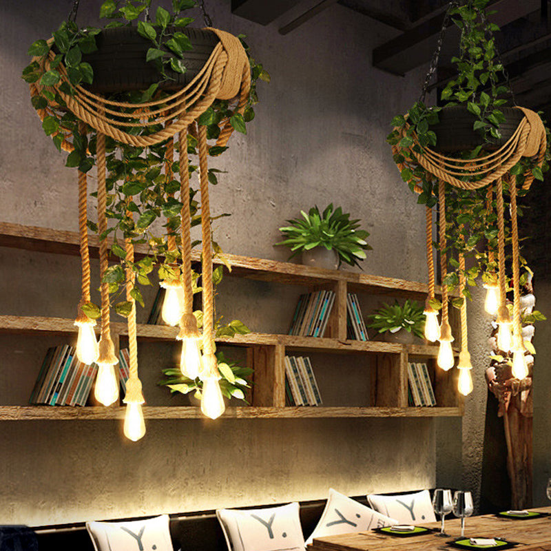 Pink/Green 6-Light Chandelier Lamp Warehouse Hemp Rope Open Bulb Plant/Flower Drop Pendant with Rubber Tire Decoration Clearhalo 'Ceiling Lights' 'Chandeliers' 'Industrial Chandeliers' 'Industrial' 'Middle Century Chandeliers' 'Tiffany' Lighting' 738721