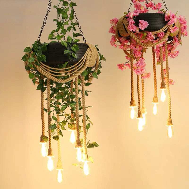 Pink/Green 6-Light Chandelier Lamp Warehouse Hemp Rope Open Bulb Plant/Flower Drop Pendant with Rubber Tire Decoration Clearhalo 'Ceiling Lights' 'Chandeliers' 'Industrial Chandeliers' 'Industrial' 'Middle Century Chandeliers' 'Tiffany' Lighting' 738727