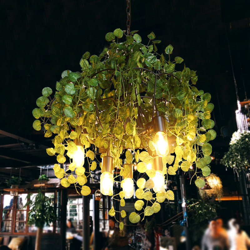 Green Exposed Bulb Ceiling Chandelier Loft Iron 6 Heads Restaurant Drop Pendant with Plant Decor Clearhalo 'Cast Iron' 'Ceiling Lights' 'Chandeliers' 'Industrial Chandeliers' 'Industrial' 'Metal' 'Middle Century Chandeliers' 'Rustic Chandeliers' 'Tiffany' Lighting' 738730