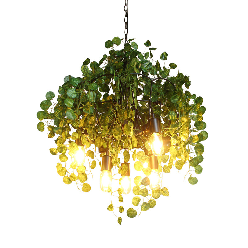 Green Exposed Bulb Ceiling Chandelier Loft Iron 6 Heads Restaurant Drop Pendant with Plant Decor Clearhalo 'Cast Iron' 'Ceiling Lights' 'Chandeliers' 'Industrial Chandeliers' 'Industrial' 'Metal' 'Middle Century Chandeliers' 'Rustic Chandeliers' 'Tiffany' Lighting' 738731