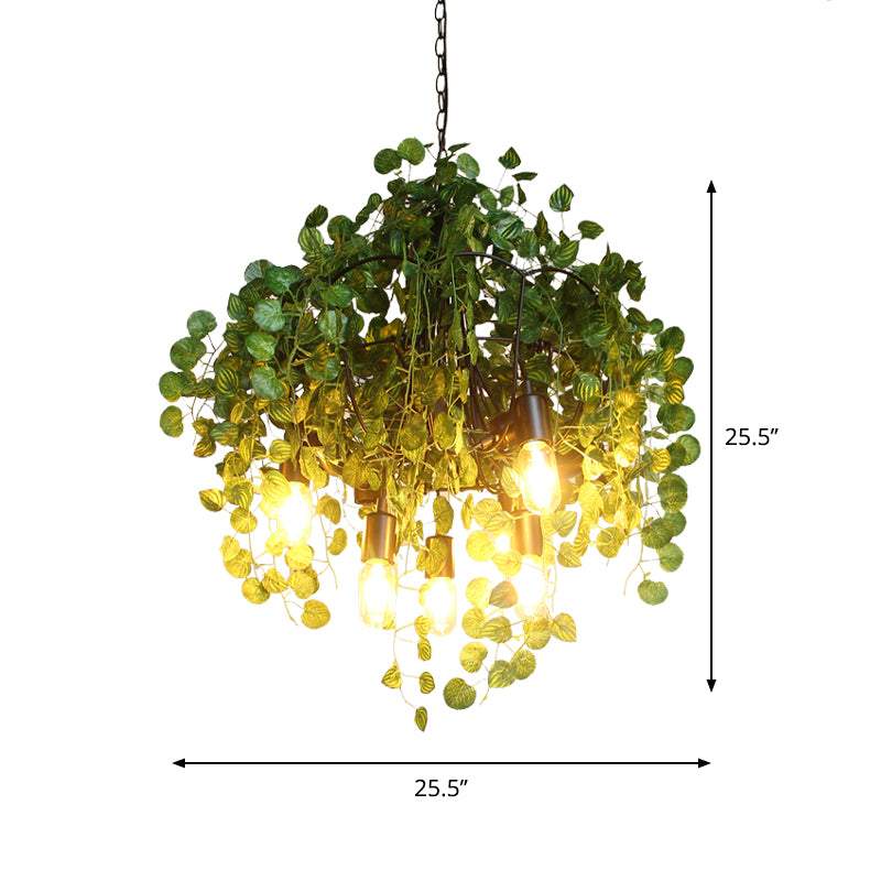 Green Exposed Bulb Ceiling Chandelier Loft Iron 6 Heads Restaurant Drop Pendant with Plant Decor Clearhalo 'Cast Iron' 'Ceiling Lights' 'Chandeliers' 'Industrial Chandeliers' 'Industrial' 'Metal' 'Middle Century Chandeliers' 'Rustic Chandeliers' 'Tiffany' Lighting' 738732