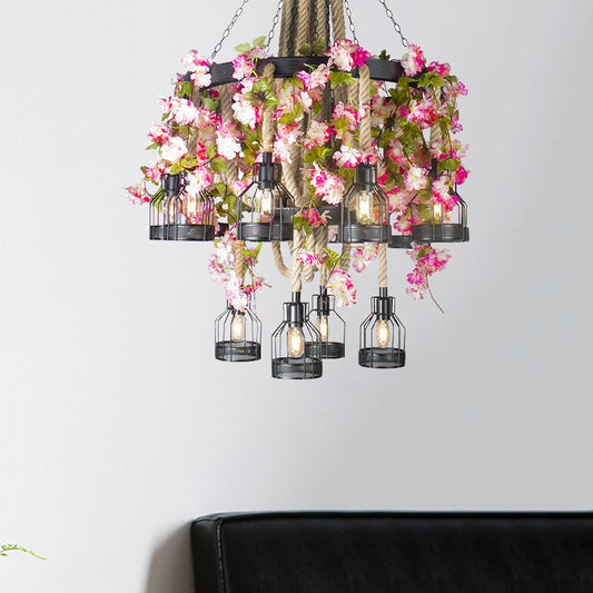 Black 6/12 Heads Chandelier Lighting Vintage Rope Wire Cage Drop Pendant with Floral Decoration Clearhalo 'Ceiling Lights' 'Chandeliers' 'Industrial Chandeliers' 'Industrial' 'Middle Century Chandeliers' 'Tiffany' Lighting' 738738