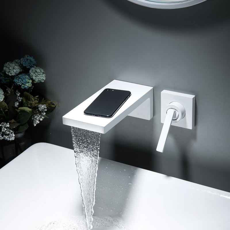 Single Lever Handle Sink Faucet Waterfall Spout Wall Mount 2 Holes Bathroom Faucet White Clearhalo 'Bathroom Remodel & Bathroom Fixtures' 'Bathroom Sink Faucets' 'Bathroom Sinks & Faucet Components' 'bathroom_sink_faucets' 'Home Improvement' 'home_improvement' 'home_improvement_bathroom_sink_faucets' 7387840