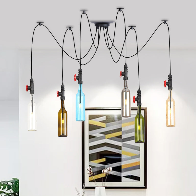 6/8/10 Lights Swag LED Multi Pendant Vintage Restaurant Hanging Ceiling Lamp with Bottle Colored Glass Shade in Black 6 Black Clearhalo 'Ceiling Lights' 'Glass shade' 'Glass' 'Industrial Pendants' 'Industrial' 'Middle Century Pendants' 'Pendant Lights' 'Pendants' 'Tiffany' Lighting' 738820