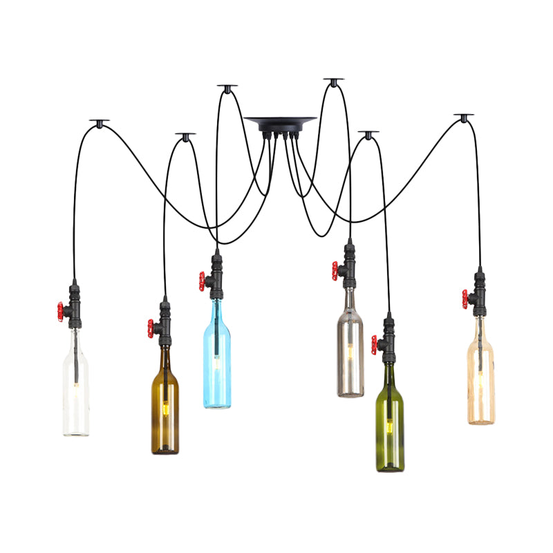 6/8/10 Lights Swag LED Multi Pendant Vintage Restaurant Hanging Ceiling Lamp with Bottle Colored Glass Shade in Black Clearhalo 'Ceiling Lights' 'Glass shade' 'Glass' 'Industrial Pendants' 'Industrial' 'Middle Century Pendants' 'Pendant Lights' 'Pendants' 'Tiffany' Lighting' 738821