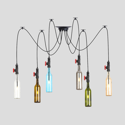 6/8/10 Lights Swag LED Multi Pendant Vintage Restaurant Hanging Ceiling Lamp with Bottle Colored Glass Shade in Black Clearhalo 'Ceiling Lights' 'Glass shade' 'Glass' 'Industrial Pendants' 'Industrial' 'Middle Century Pendants' 'Pendant Lights' 'Pendants' 'Tiffany' Lighting' 738822