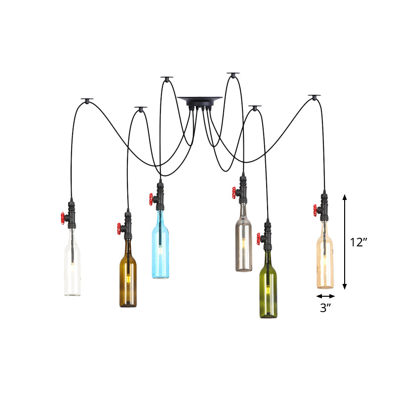 6/8/10 Lights Swag LED Multi Pendant Vintage Restaurant Hanging Ceiling Lamp with Bottle Colored Glass Shade in Black Clearhalo 'Ceiling Lights' 'Glass shade' 'Glass' 'Industrial Pendants' 'Industrial' 'Middle Century Pendants' 'Pendant Lights' 'Pendants' 'Tiffany' Lighting' 738823
