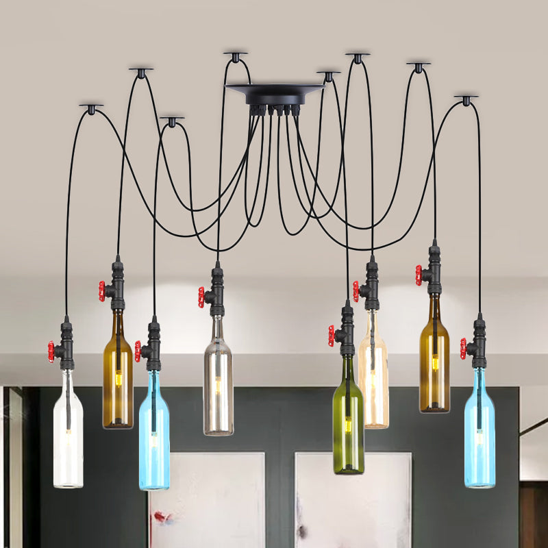 6/8/10 Lights Swag LED Multi Pendant Vintage Restaurant Hanging Ceiling Lamp with Bottle Colored Glass Shade in Black 8 Black Clearhalo 'Ceiling Lights' 'Glass shade' 'Glass' 'Industrial Pendants' 'Industrial' 'Middle Century Pendants' 'Pendant Lights' 'Pendants' 'Tiffany' Lighting' 738824