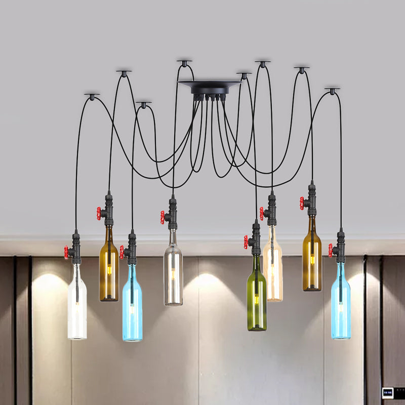 6/8/10 Lights Swag LED Multi Pendant Vintage Restaurant Hanging Ceiling Lamp with Bottle Colored Glass Shade in Black Clearhalo 'Ceiling Lights' 'Glass shade' 'Glass' 'Industrial Pendants' 'Industrial' 'Middle Century Pendants' 'Pendant Lights' 'Pendants' 'Tiffany' Lighting' 738825