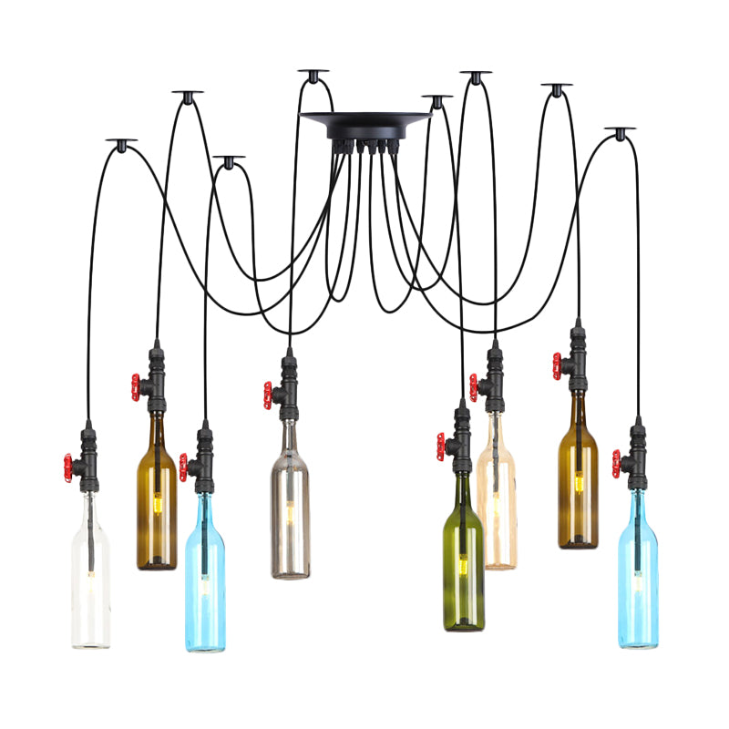 6/8/10 Lights Swag LED Multi Pendant Vintage Restaurant Hanging Ceiling Lamp with Bottle Colored Glass Shade in Black Clearhalo 'Ceiling Lights' 'Glass shade' 'Glass' 'Industrial Pendants' 'Industrial' 'Middle Century Pendants' 'Pendant Lights' 'Pendants' 'Tiffany' Lighting' 738826