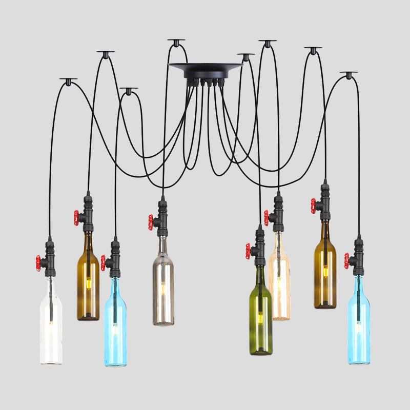 6/8/10 Lights Swag LED Multi Pendant Vintage Restaurant Hanging Ceiling Lamp with Bottle Colored Glass Shade in Black Clearhalo 'Ceiling Lights' 'Glass shade' 'Glass' 'Industrial Pendants' 'Industrial' 'Middle Century Pendants' 'Pendant Lights' 'Pendants' 'Tiffany' Lighting' 738827