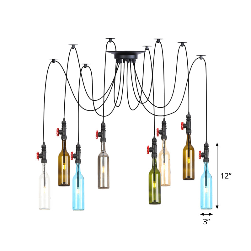 6/8/10 Lights Swag LED Multi Pendant Vintage Restaurant Hanging Ceiling Lamp with Bottle Colored Glass Shade in Black Clearhalo 'Ceiling Lights' 'Glass shade' 'Glass' 'Industrial Pendants' 'Industrial' 'Middle Century Pendants' 'Pendant Lights' 'Pendants' 'Tiffany' Lighting' 738828