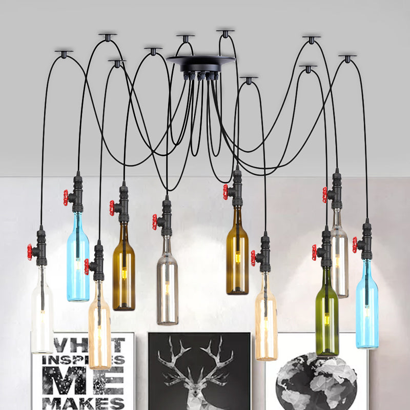 6/8/10 Lights Swag LED Multi Pendant Vintage Restaurant Hanging Ceiling Lamp with Bottle Colored Glass Shade in Black 10 Black Clearhalo 'Ceiling Lights' 'Glass shade' 'Glass' 'Industrial Pendants' 'Industrial' 'Middle Century Pendants' 'Pendant Lights' 'Pendants' 'Tiffany' Lighting' 738829