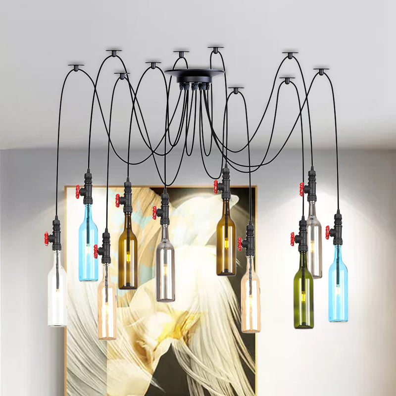 6/8/10 Lights Swag LED Multi Pendant Vintage Restaurant Hanging Ceiling Lamp with Bottle Colored Glass Shade in Black Clearhalo 'Ceiling Lights' 'Glass shade' 'Glass' 'Industrial Pendants' 'Industrial' 'Middle Century Pendants' 'Pendant Lights' 'Pendants' 'Tiffany' Lighting' 738830