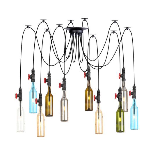 6/8/10 Lights Swag LED Multi Pendant Vintage Restaurant Hanging Ceiling Lamp with Bottle Colored Glass Shade in Black Clearhalo 'Ceiling Lights' 'Glass shade' 'Glass' 'Industrial Pendants' 'Industrial' 'Middle Century Pendants' 'Pendant Lights' 'Pendants' 'Tiffany' Lighting' 738831