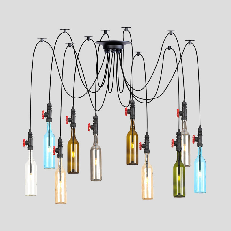 6/8/10 Lights Swag LED Multi Pendant Vintage Restaurant Hanging Ceiling Lamp with Bottle Colored Glass Shade in Black Clearhalo 'Ceiling Lights' 'Glass shade' 'Glass' 'Industrial Pendants' 'Industrial' 'Middle Century Pendants' 'Pendant Lights' 'Pendants' 'Tiffany' Lighting' 738832