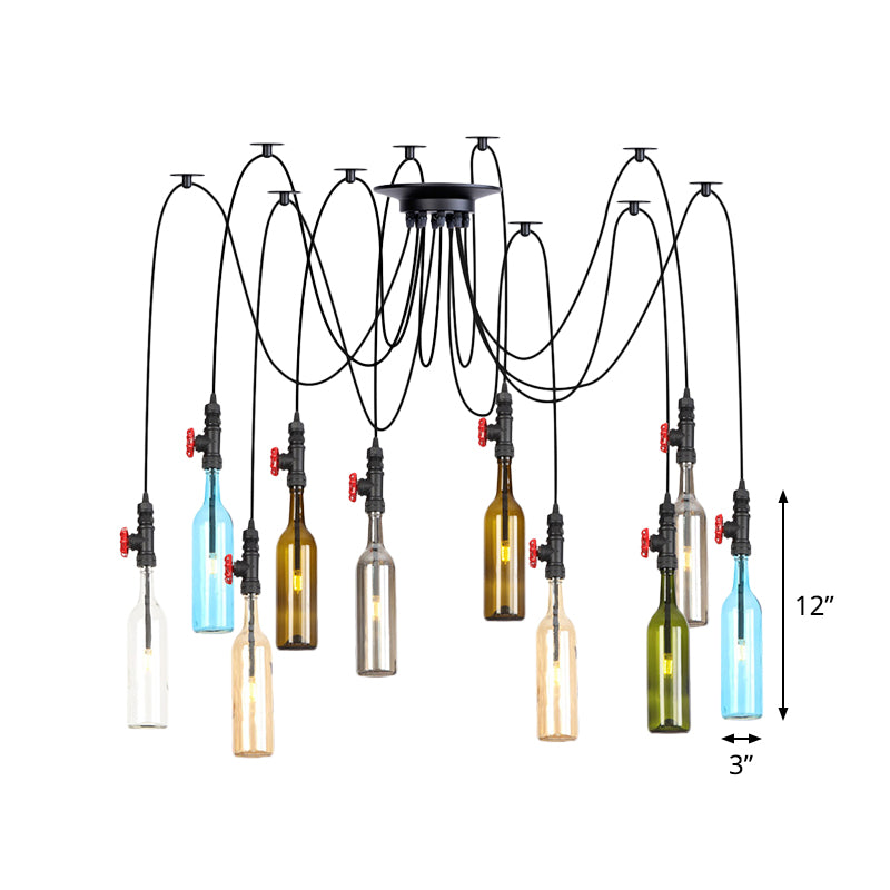 6/8/10 Lights Swag LED Multi Pendant Vintage Restaurant Hanging Ceiling Lamp with Bottle Colored Glass Shade in Black Clearhalo 'Ceiling Lights' 'Glass shade' 'Glass' 'Industrial Pendants' 'Industrial' 'Middle Century Pendants' 'Pendant Lights' 'Pendants' 'Tiffany' Lighting' 738833
