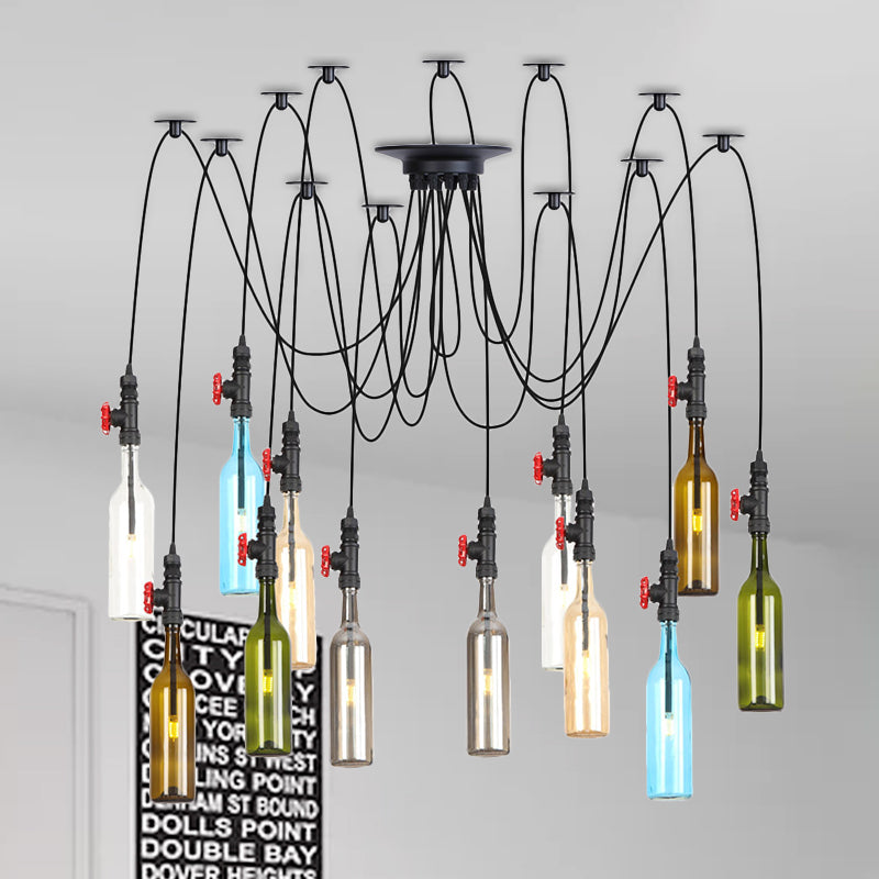 6/8/10 Lights Swag LED Multi Pendant Vintage Restaurant Hanging Ceiling Lamp with Bottle Colored Glass Shade in Black 12 Black Clearhalo 'Ceiling Lights' 'Glass shade' 'Glass' 'Industrial Pendants' 'Industrial' 'Middle Century Pendants' 'Pendant Lights' 'Pendants' 'Tiffany' Lighting' 738834