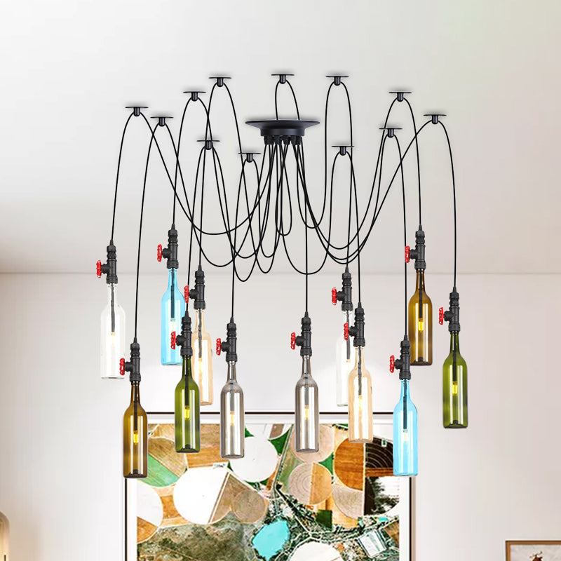 6/8/10 Lights Swag LED Multi Pendant Vintage Restaurant Hanging Ceiling Lamp with Bottle Colored Glass Shade in Black Clearhalo 'Ceiling Lights' 'Glass shade' 'Glass' 'Industrial Pendants' 'Industrial' 'Middle Century Pendants' 'Pendant Lights' 'Pendants' 'Tiffany' Lighting' 738835