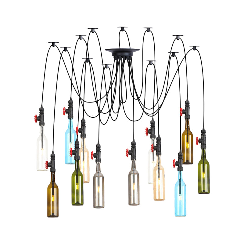 6/8/10 Lights Swag LED Multi Pendant Vintage Restaurant Hanging Ceiling Lamp with Bottle Colored Glass Shade in Black Clearhalo 'Ceiling Lights' 'Glass shade' 'Glass' 'Industrial Pendants' 'Industrial' 'Middle Century Pendants' 'Pendant Lights' 'Pendants' 'Tiffany' Lighting' 738836