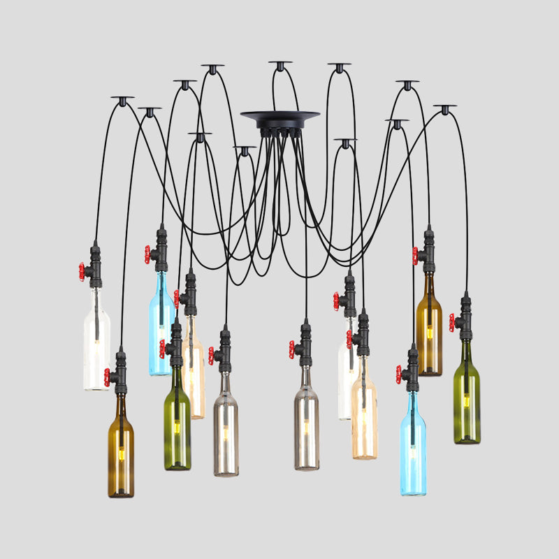 6/8/10 Lights Swag LED Multi Pendant Vintage Restaurant Hanging Ceiling Lamp with Bottle Colored Glass Shade in Black Clearhalo 'Ceiling Lights' 'Glass shade' 'Glass' 'Industrial Pendants' 'Industrial' 'Middle Century Pendants' 'Pendant Lights' 'Pendants' 'Tiffany' Lighting' 738837