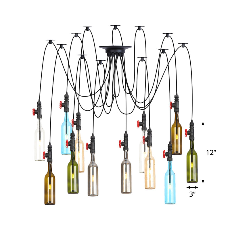 6/8/10 Lights Swag LED Multi Pendant Vintage Restaurant Hanging Ceiling Lamp with Bottle Colored Glass Shade in Black Clearhalo 'Ceiling Lights' 'Glass shade' 'Glass' 'Industrial Pendants' 'Industrial' 'Middle Century Pendants' 'Pendant Lights' 'Pendants' 'Tiffany' Lighting' 738838