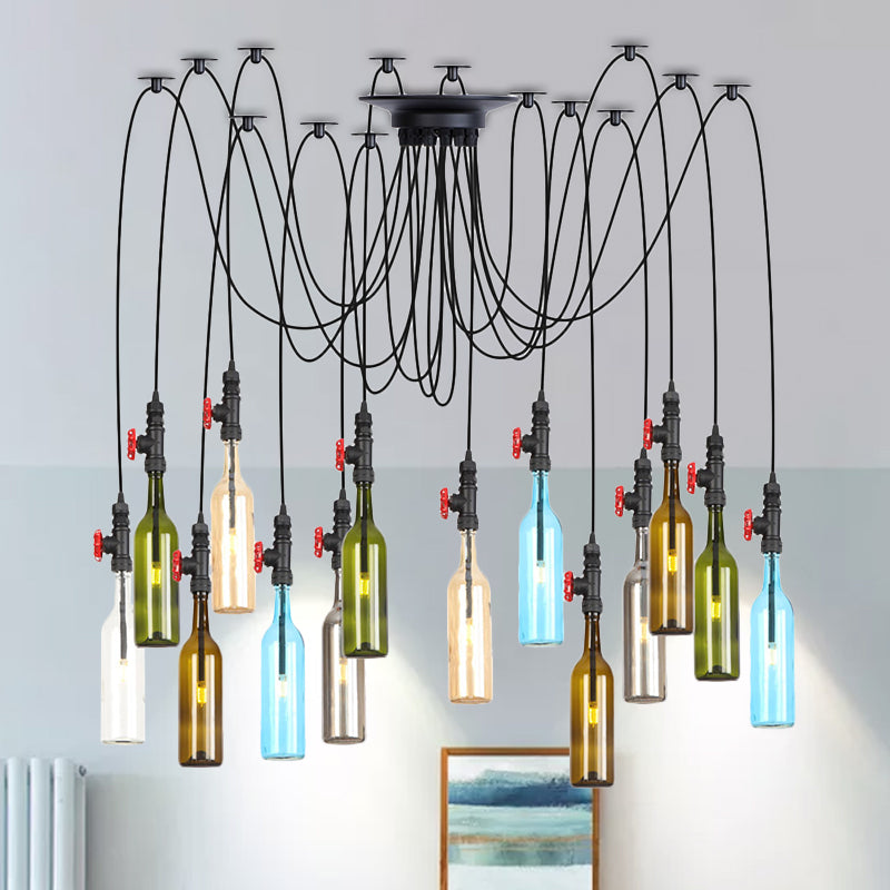 6/8/10 Lights Swag LED Multi Pendant Vintage Restaurant Hanging Ceiling Lamp with Bottle Colored Glass Shade in Black 14 Black Clearhalo 'Ceiling Lights' 'Glass shade' 'Glass' 'Industrial Pendants' 'Industrial' 'Middle Century Pendants' 'Pendant Lights' 'Pendants' 'Tiffany' Lighting' 738839